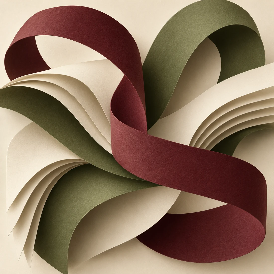 Abstrakte Papierformen in Dunkelrot, Creme und Olive greifen ineinander.